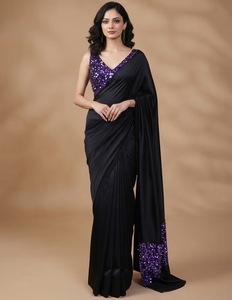 Sari KV para Mujer, Negro, de Seda Satinada, Moderno, con Adornos, Sin Arrugas, para Fiestas y Eventos - Product Image 5
