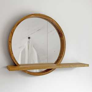 Modern Round Solid Wood Wall Mirror Integrated Storage Ledge Shelf Natural <b>Oak</b> Timber <b>Frame</b> Bathroom Vanity Decor Artwork Object - Product Image 3