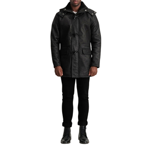 Men's Black Genuine Leather Parka Overcoat Stand Collar Zipper Long <b>Coat</b> <b>With</b> Rivets - Product Image 2