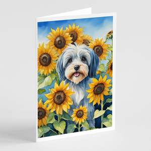 Terrier tibétain fantaisiste en tournesols A7 Taille 5x7 Cartes vierges Lot de 8 avec enveloppes Collection de cartes de voeux - Product Image 1