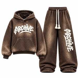 Conjunto de Sudadera con Capucha y Pantalones Deportivos de Poliéster/Algodón de Peso Medio, Transpirable y Ecológico, Azul Lavado, Estilo Hip Hop, Corte Holgado - Product Image 4