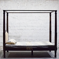 Lit à baldaquin traditionnel rétro en bois massif avec tête de lit rembourrée, design pliable pour chambres d'hôtel King/Full Size