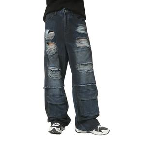 Jean en denim délavé sur mesure pour homme, coupe droite, style baggy, effet usé, haute qualité, lourd, idéal pour l'hiver - Product Image 4