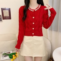 Blouses élégantes pour femmes, cardigans en tricot jacquard torsadé avec perles, boutons, col rond, manches longues, hauts chics pour femmes