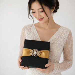 Black Boxed <b>Wedding</b> Invitation | Silk Hinged Lid Box with <b>Ribbon</b> Holder | Wholesale, Made in Thailand - Product Image 3