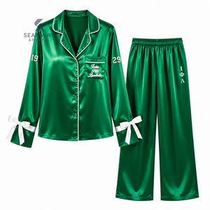 Iota Phi Lambda Women's Satin Pajama <b>Set</b> Long Sleeve Button-Up Embroidered Two <b>Piece</b> Sleepwear Green With <b>White</b> Trim Lounge <b>Set</b> - Product Image 1