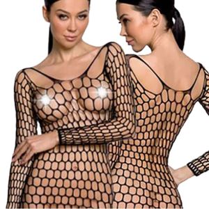Women's Black Mesh Fishnet Bodysuit Long Sleeve See Through Sexy Lingerie Dress - Product Image 6