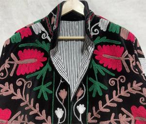 Bohemian Black Velvet Floral <b>Embroidered</b> Suzani <b>Jacket</b> Full Sleeve Stand Collar Handmade <b>Women</b> Autumn Outerwear - Product Image 3