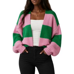 Cardigan à rayures rose et vert pour femme, pull en tricot décontracté, cardigan à manches longues, doux et chaud, vêtement d'extérieur pour superposition - Product Image 1