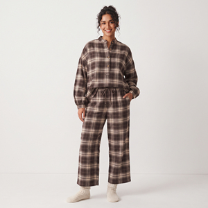 Pyjama en flanelle pour femme, décontracté, 100 % coton, coupe ample, col montant, boutons sur le devant, cordon de serrage, taille mi-haute, style baggy - Product Image 6