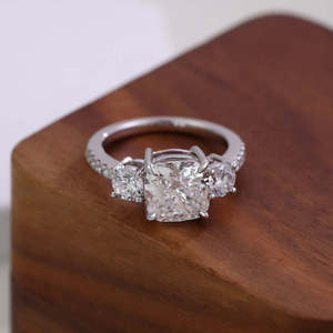 IGI Certified Three Stone <b>Cushion</b> Cut Lab Grown Diamond Engagement <b>Ring</b> Half Eternity Pave Band for Women Solid Gold <b>Ring</b> - Product Image 1