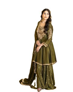 French Crep Silk Embroidered Salwar Kameez Sharara Dupatta Set <b>Mehndi</b> Green Color Women Party Wear Ethnic Festive <b>Outfit</b> - Product Image 3