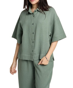 Camisa de manga corta para mujer al por mayor, blusa holgada abotonada, ropa de oficina informal, tops de verano, vestido ajustado, proveedor de ropa - Product Image 5