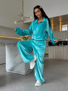 Women's <b>Velvet</b> <b>Tracksuit</b> Set Turquoise Full Sleeve Zip-Up Top Wide Leg Pants Loose Fit All Seasons Solid Color Casual Sportswear - Product Image 2