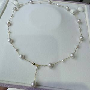 Collier en or 18 carats avec chaîne en os et perle d'eau douce naturelle de 4 à 7,5 mm, collier de bébé blanc ciel étoilé - Product Image 3