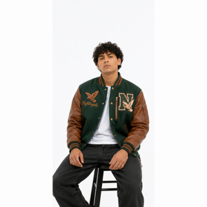 ODM/OEM Wool Wholesale Baseball Street Chenille Patch Embroidery Vintage Baseball Letterman Varsity <b>Jacket</b> With <b>Leather</b> Sleeve - Product Image 3