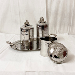 Beautifully Crafted Stainless Steel 3-<b>Jar</b> Set Hammered Surface Polished Gold Finish Includes Tray Lids Designed <b>for</b> Food <b>Storage</b> - Product Image 5