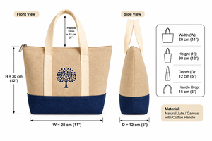 กระเป๋าผ้าใบปอกระเจาธรรมชาติบุผ้าฝ้าย ทนทาน ลายปักต้นไม้สีน้ำเงิน ปิดด้วยซิป ขนาด 28x30x12 ซม. สำหรับใส่ของช้อปปิ้ง - Product Image 2