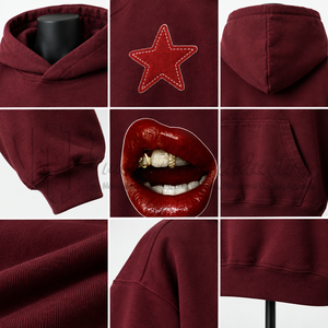 Custom Unisex Oversized Pullover <b>Hoodie</b> <b>Burgundy</b> Fleece Sweatshirt with Star Patch Pocket Streetwear <b>Hoodie</b> for <b>Men</b> - Product Image 6