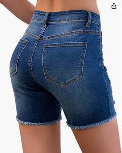 Shorts en jean délavé taille haute pour femme, coupe droite, décontractés, en coton, avec poches, coupe régulière, vente en gros - Product Image 4