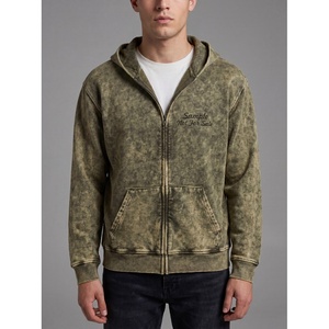 Sweat à capuche zippé vintage délavé pour homme, coupe oversize, brodé, style streetwear décontracté avec poche kangourou - Product Image 1