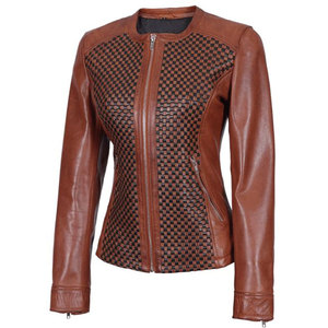 Veste en cuir marron de luxe pour femmes - Tissage texturé unique en forme de cube - Veste ajustée zippée en peau de mouton de qualité supérieure - Product Image 1