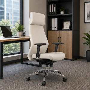 Chaise de bureau exécutive moderne KINSHA en cuir PU, dossier haut, accoudoirs réglables, hauteur réglable, base pivotante chromée, ergonomique - Product Image 1
