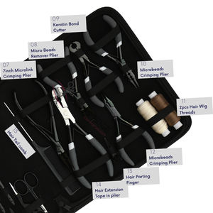 Kit de herramientas para extensiones de cabello con microanillos y cinta adhesiva negros, que incluye alicates de microlink de 7 pulgadas, crimpadora de 2 orificios, caja de cuentas y clips de seccionamiento - Product Image 4