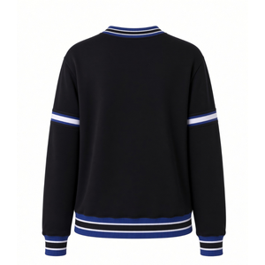 Sudadera de Felpa Personalizada con Parche de Chenilla Zeta Phi Beta para Mujer, Color Negro 1920, con Mangas a Rayas Blancas y Azul Rey - Product Image 2