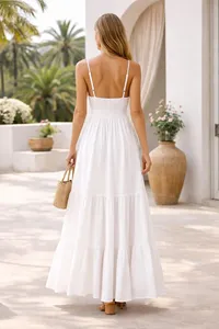 Vestido largo blanco con tirantes finos para mujer, cuello en V, sin mangas, informal, elegante, para verano, playa y vacaciones - Product Image 2