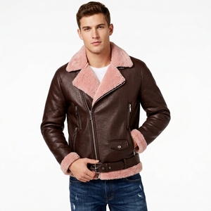 Blouson de motard en cuir noir pour homme avec col en fourrure Sherpa rose, fermeture éclair asymétrique, coupe-vent d'hiver, séchage rapide, style urbain - Product Image 2