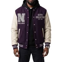 Blouson universitaire bleu en laine pour homme, avec manches en cuir blanc, patchwork en chenille, à capuche, respirant, coupe oversize, style Letterman