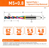 Taraud à cannelures spirales en aluminium spécial M35 avec revêtement DLC, taraud métrique H2 pour trous aveugles en aluminium moulé sous pression 6061 7075 ADC12