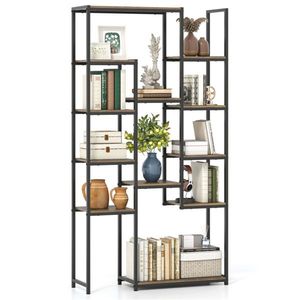 Freestanding 12-<b>Shelf</b> Geometric <b>Walnut</b> Bookcase Anti-Tip Kit Included with Metal Frame - Product Image 3