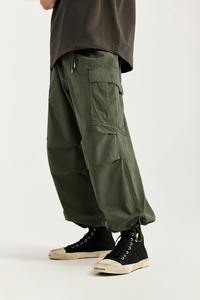 Pantalones Cargo de Pierna Ancha para Hombre, Color Verde Oliva, Ecológicos, 100% Algodón, Cintura Elástica, Múltiples Bolsillos, Estilo Ropa de Trabajo, Verano - Product Image 2