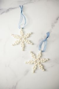Pearl Snowflake Christmas Ornament Handmade Classic Decor Blue Ribbon <b>Hanging</b> - Product Image 1