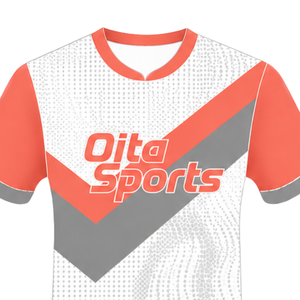Maillot de rugby à manches courtes col rond, motif graphique, orange corail, blanc, gris, pour performance athlétique, tenue de sport d'équipe, entraînement et match de rugby - Product Image 3