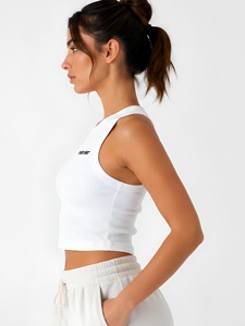 Débardeur côtelé en maille pour femme, coupe ajustée, dos nageur, blanc, avec logo personnalisé, pour le sport, la gym, le streetwear décontracté, style crop top - Product Image 4