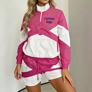 Women's Customizable Personalized Half Zip Stand Collar Pullover and Drawstring Waist Shorts Women's Color Block Short <b>Sets</b> - Product Image 1