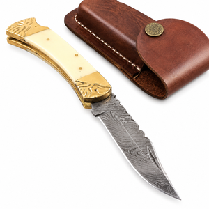 Cuchillo Plegable Industrial Artesanal Personalizado Edge Master con Hoja de Acero de Damasco de 3mm y Mango de Cuerno y Latón con Punta Caída - Product Image 1