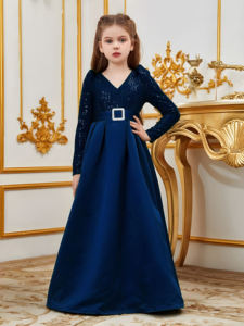 Robe longue bleue à sequins et fleurs pour fille, col en V, broderie en velours, robes de cérémonie pour enfants pour mariages et anniversaires de luxe - Product Image 6