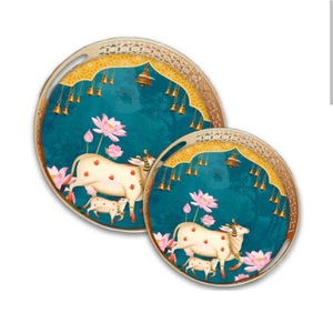 Round Metal Decorative Tray Handpainted Oriental Design With Cows And Lotus Pattern <b>Pink</b> Blue Background Gold Rim - Product Image 3