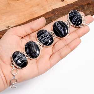 <b>Black</b> Banded Agate Bracelet Vintage Oval 925 Sterling Silver Handmade Jewelry Gift For <b>Women</b> Girls - Product Image 6