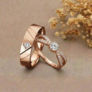 Ensemble de bagues de fiançailles en or rose 18 carats avec diamants, design géométrique, sertissage pavé, alliances classiques, bijoux unisexes - Product Image 5
