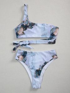 Conjunto de bikini con estampado floral para mujer, top tipo bandeau, parte inferior de cintura alta, traje de baño elástico - Product Image 3