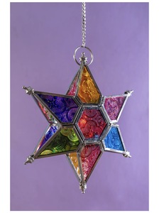 2026 Christmas Home Decorations Colorful Floral Glass Hanging <b>Star</b> Tea <b>Light</b> Candle Holder - Product Image 3