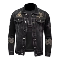 Blouson moto en jean noir pour homme, confortable, brodé, motif uni, coupe ajustée, col rabattu, style hiver
