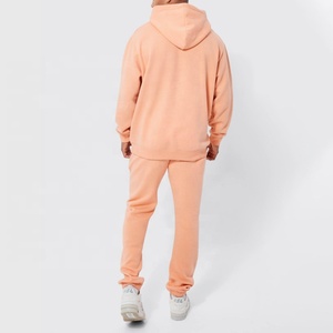 Men's <b>Peach</b> Color Hooded Tracksuit Set Full Length Solid Casual Style With Side Pockets Elastic Waist Autumn Wear - Product Image 2