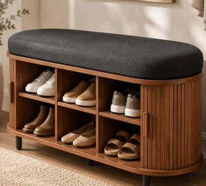 Wholesale Modern Fluted Wood Shoe Cabinet <b>Bench</b> With Cushioned Seat Mudroom Entryway <b>Storage</b> Furniture Maker - Product Image 6