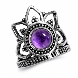 Violet Aura Amethyst Lotus Crown <b>Ring</b> Brass Silver Plated Bezel Setting Bohemia Style Handmade Unisex Jewelry - Product Image 1
